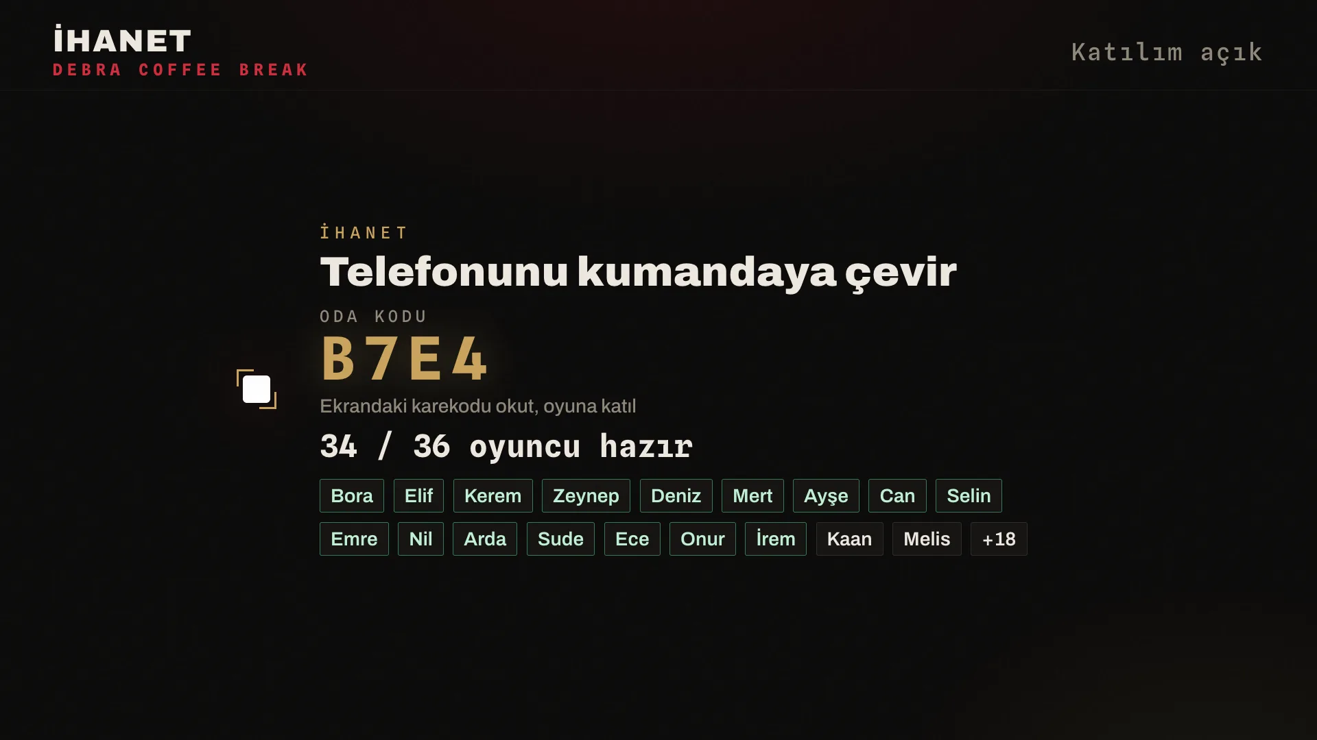 Salondaki televizyonda oda kodu ve karekod